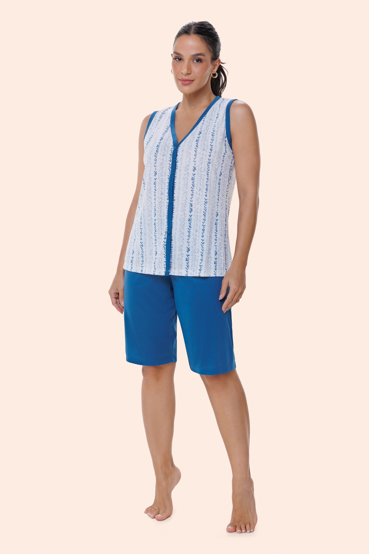 PIJAMA FEMININO REGATA COM BOTÕES E BERMUDA AZUL - BOCEJINHO