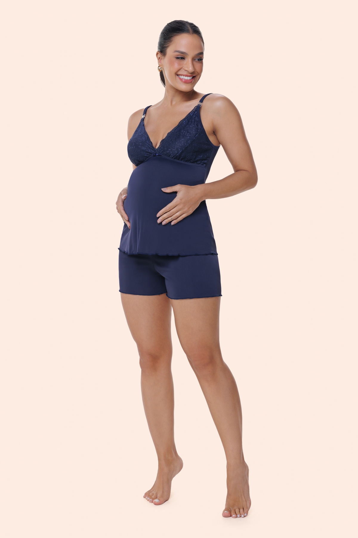 PIJAMA FEMININO CURTO DE ALÇA AJUSTÁVEL GESTANTE LIGANETE AZUL MARINHO - BOCEJINHO