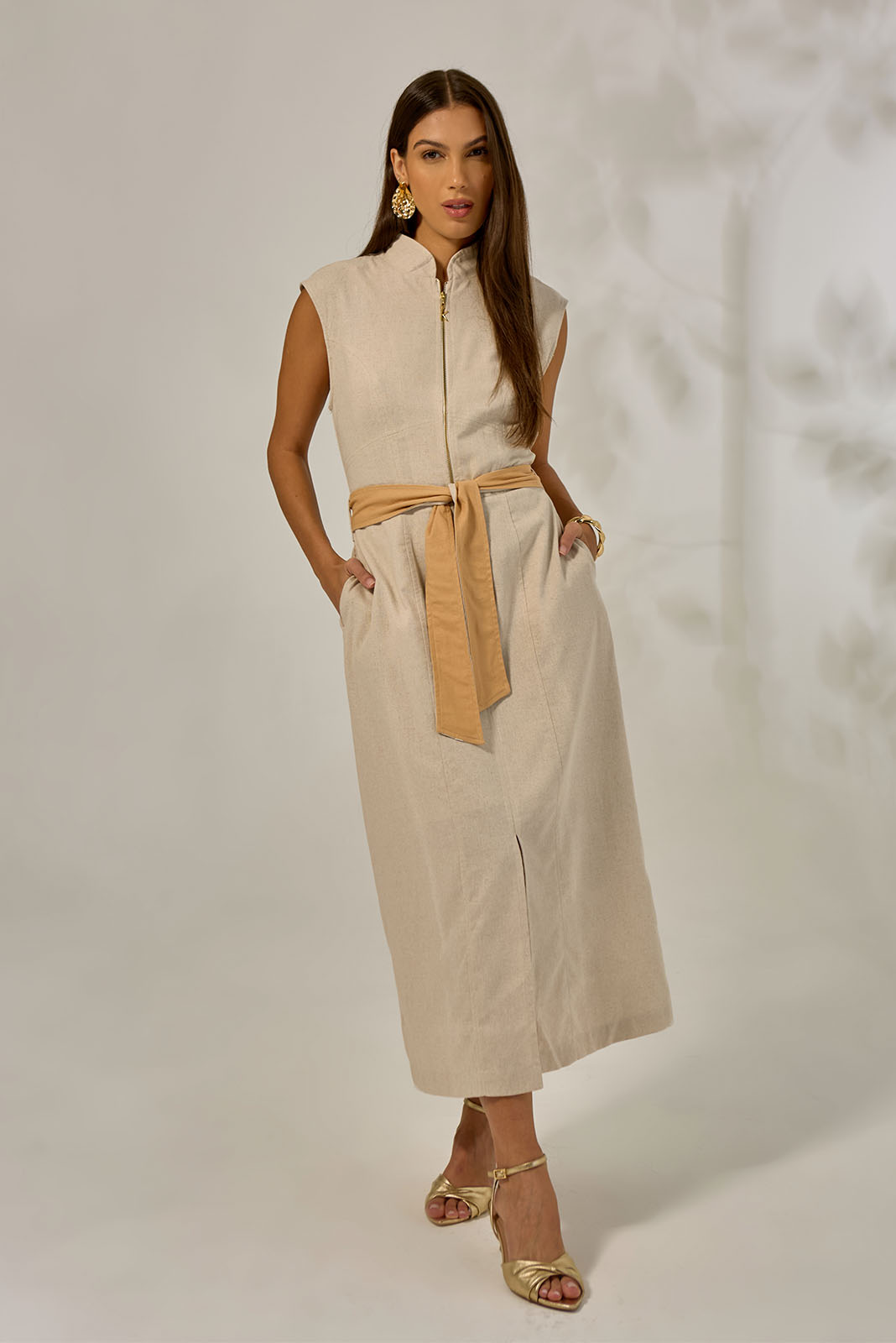 Vestido Midi Zíper Frontal Bege 