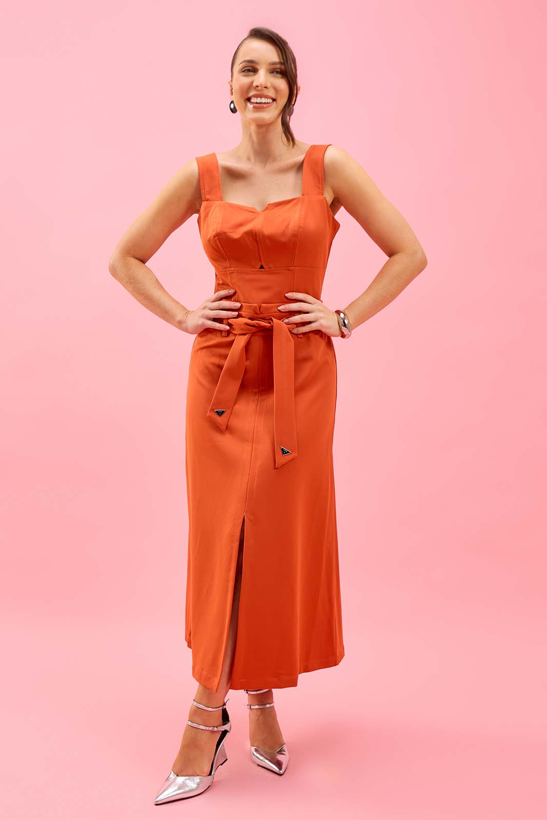 Vestido Midi Decote Quadrado Laranja 