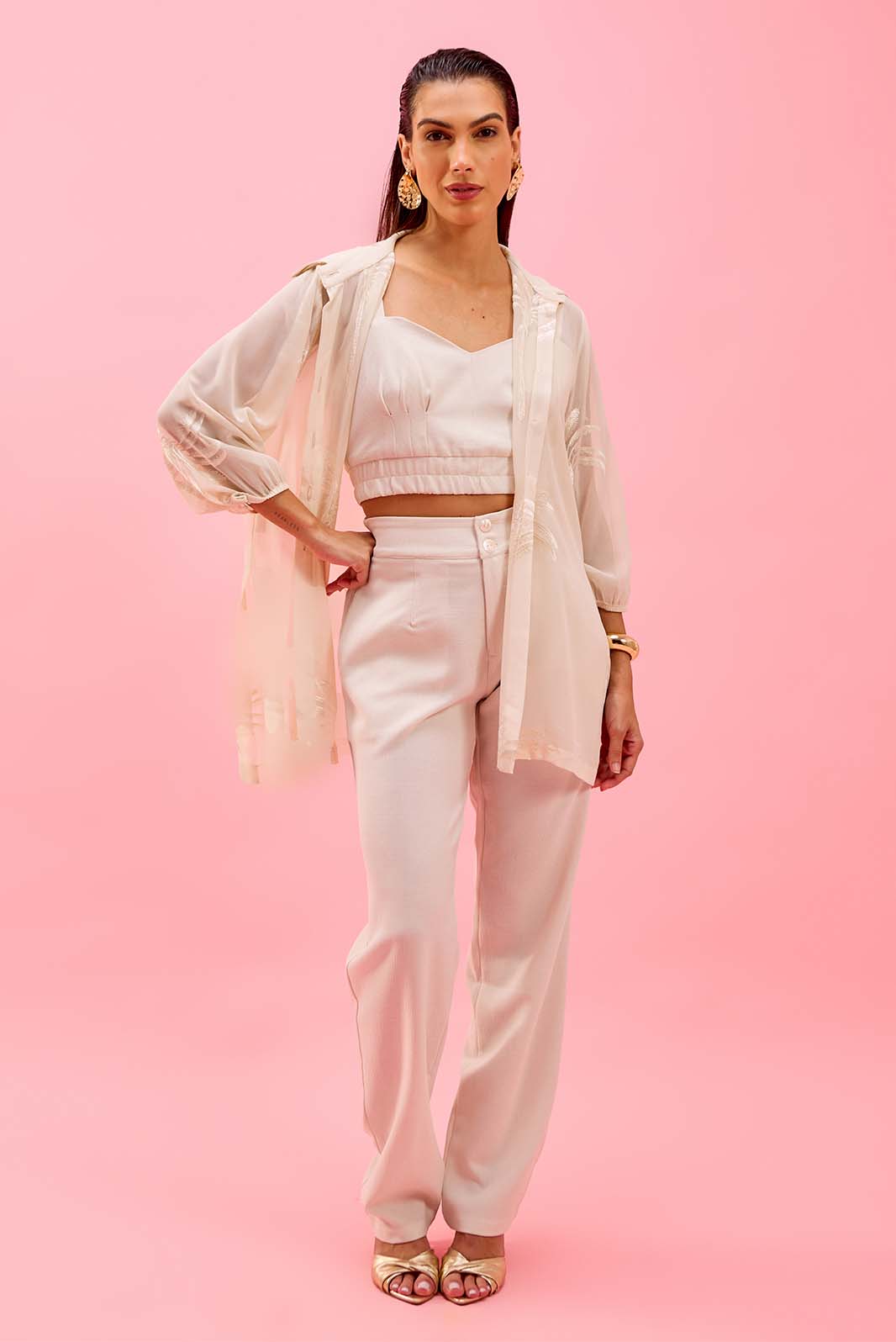 Trijunto de Calça Top e Camisa Transparente Bege 