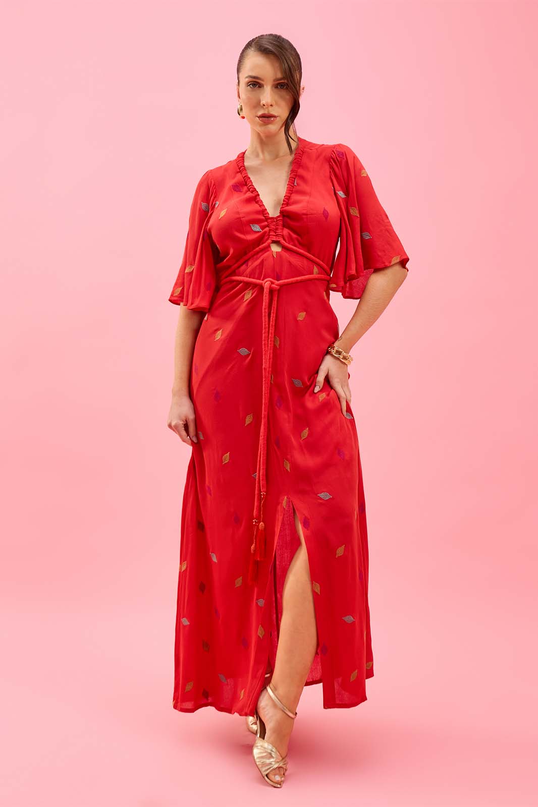 Vestido Longo Detalhes em Corda Vermelho 