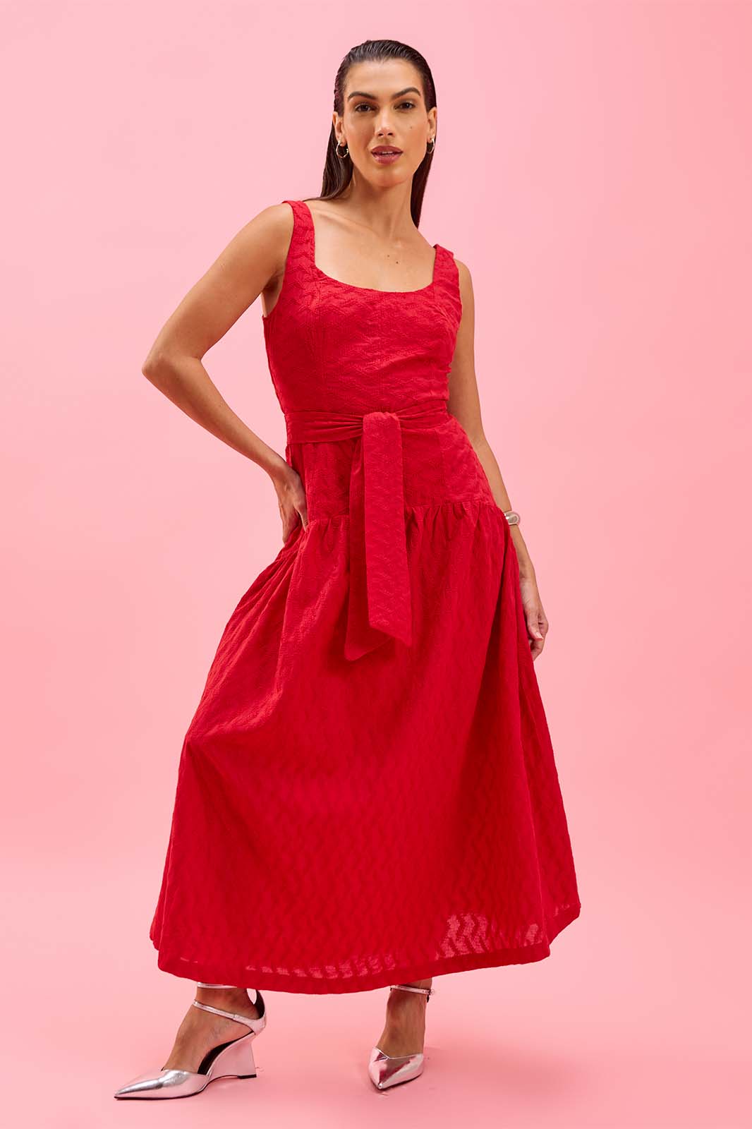 Vestido Midi em Laise Vermelho 