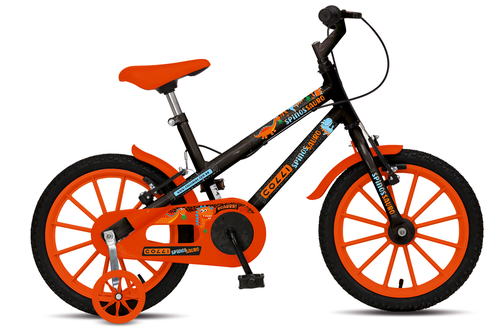 Bicicleta Dinos Spinossauro Aventuras, Aro 16, quadro 12", Com Freios V-Brake, Com Rodas de Apoio e Capa Corrente