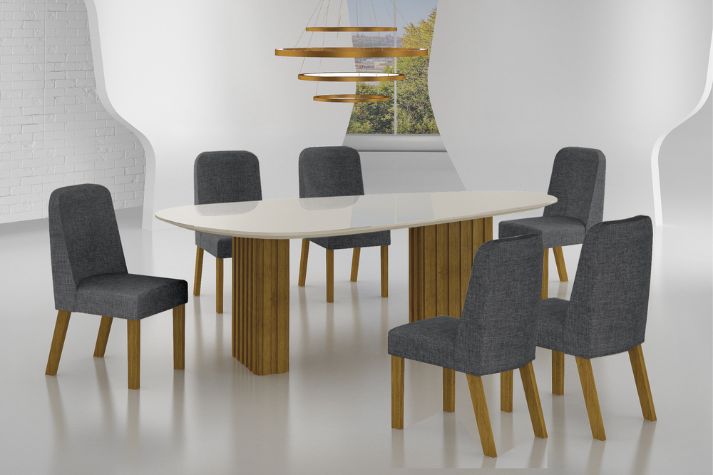 Conjunto Sala de Jantar Mesa Orgânica Com Vidro 180cm com 6 Cadeiras Pé MDF Isis