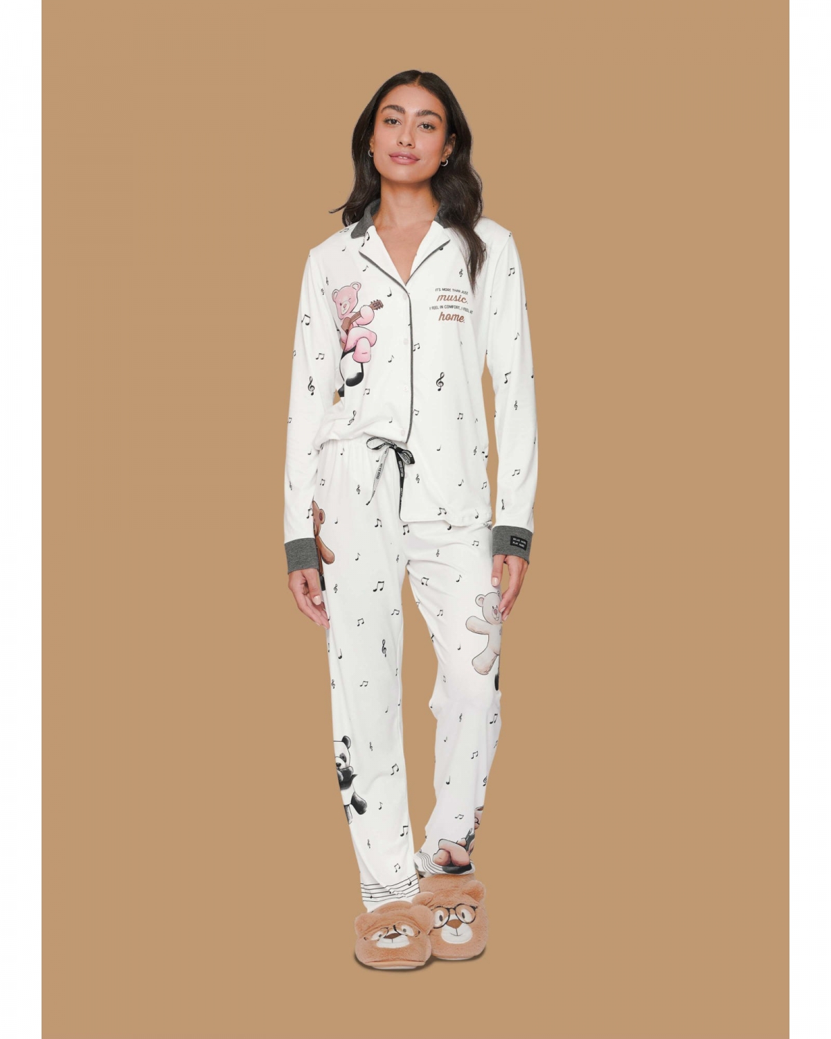 PIJAMA FEMININO LONGO COM BOTÕES BRANCO URSO - LUA LUÁ
