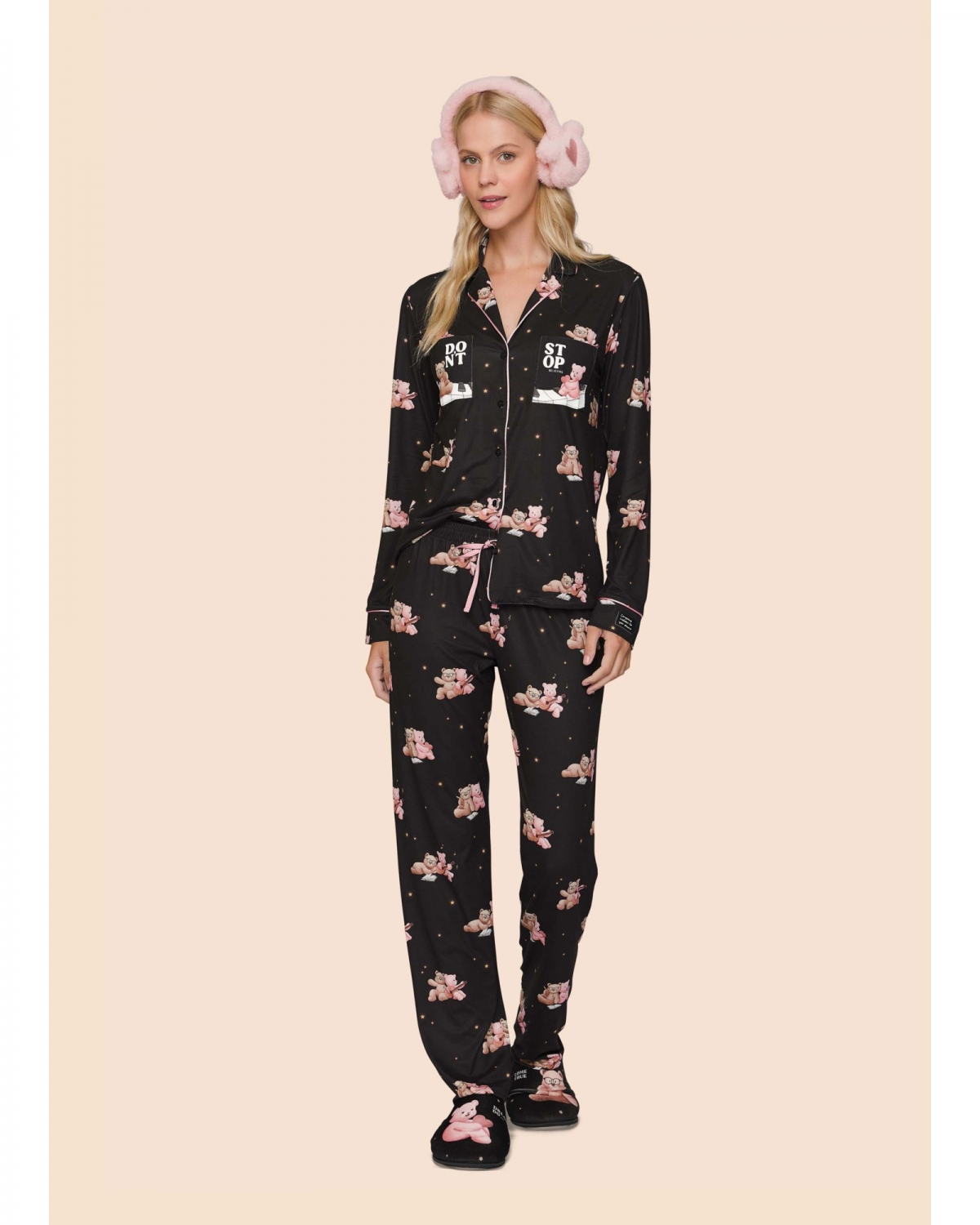 PIJAMA FEMININO LONGO COM BOTÕES URSO PRETO - LUA LUÁ