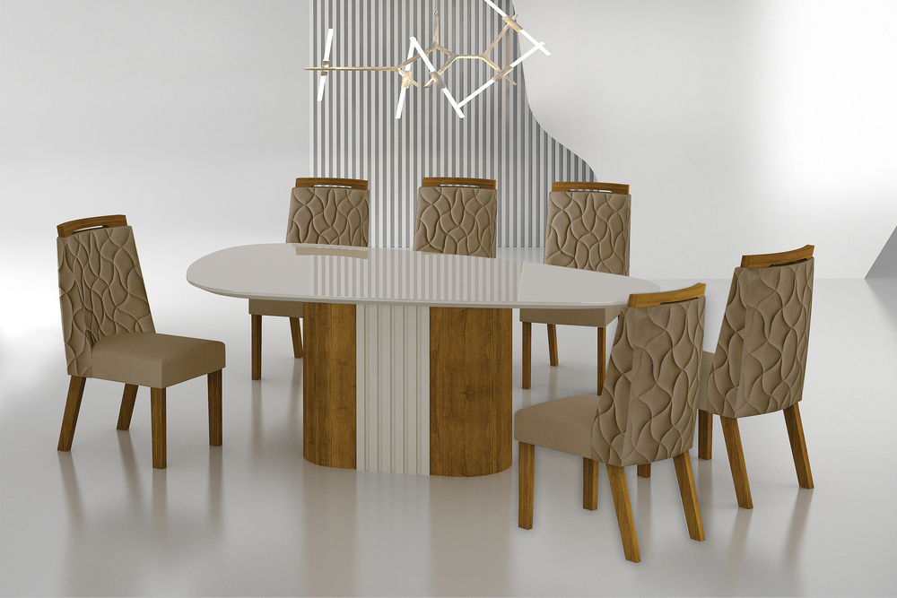 Conjunto Sala de Jantar Mesa Orgânica Com Vidro 200cm com 6 Cadeiras Pé Madeira Dacota