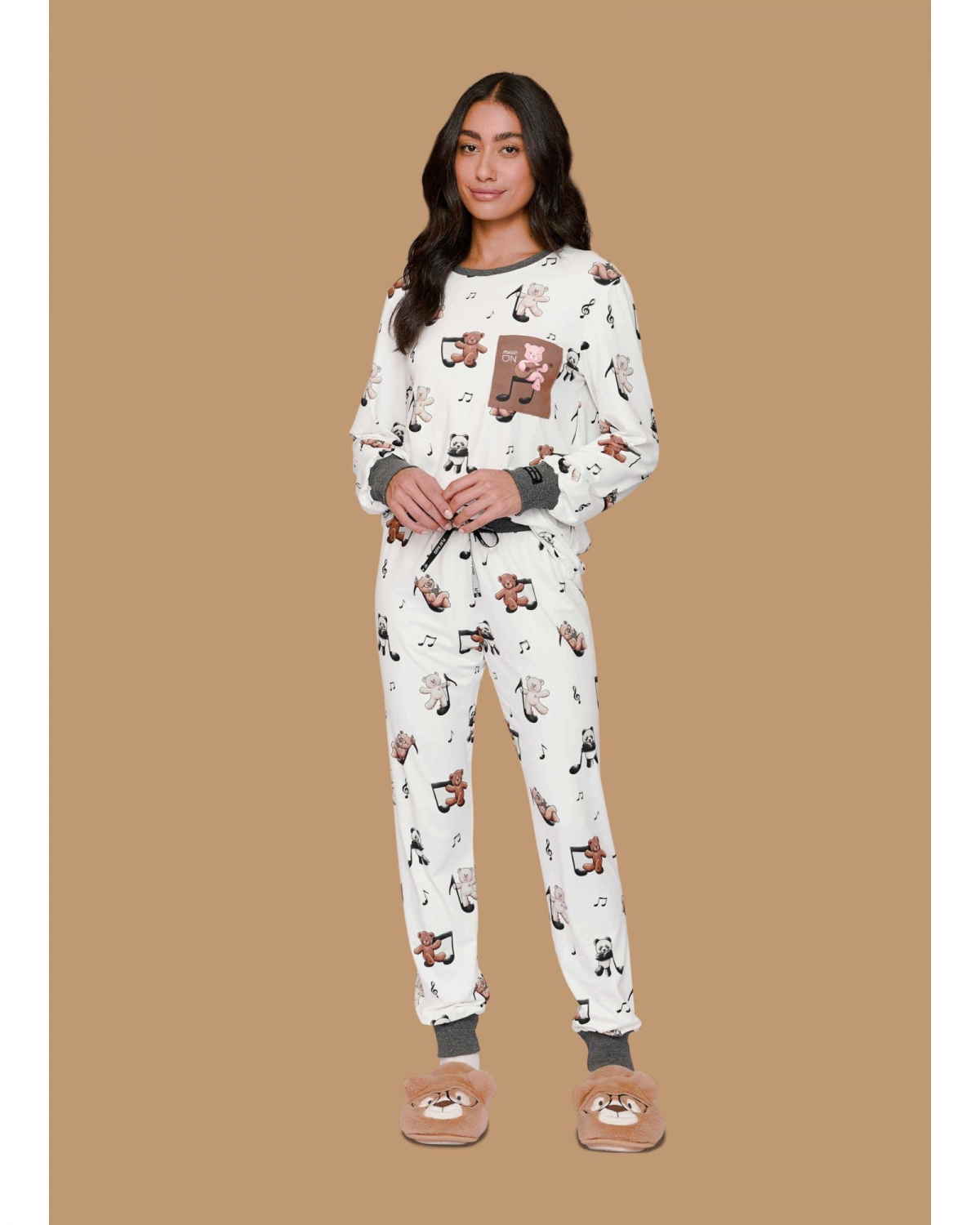 PIJAMA FEMININO LONGO BRANCO ESTAMPA URSO FAMÍLIA - LUA LUÁ