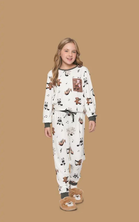 PIJAMA FEMININO INFANTIL BRANCO ESTAMPA URSO FAMÍLIA- LUA LUÁ