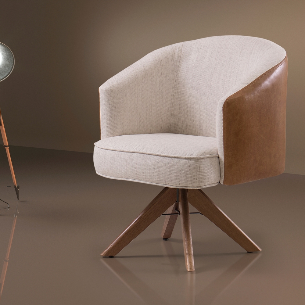 Poltrona Julia Giratoria com Couro Pes Madeira - Luxo Decor