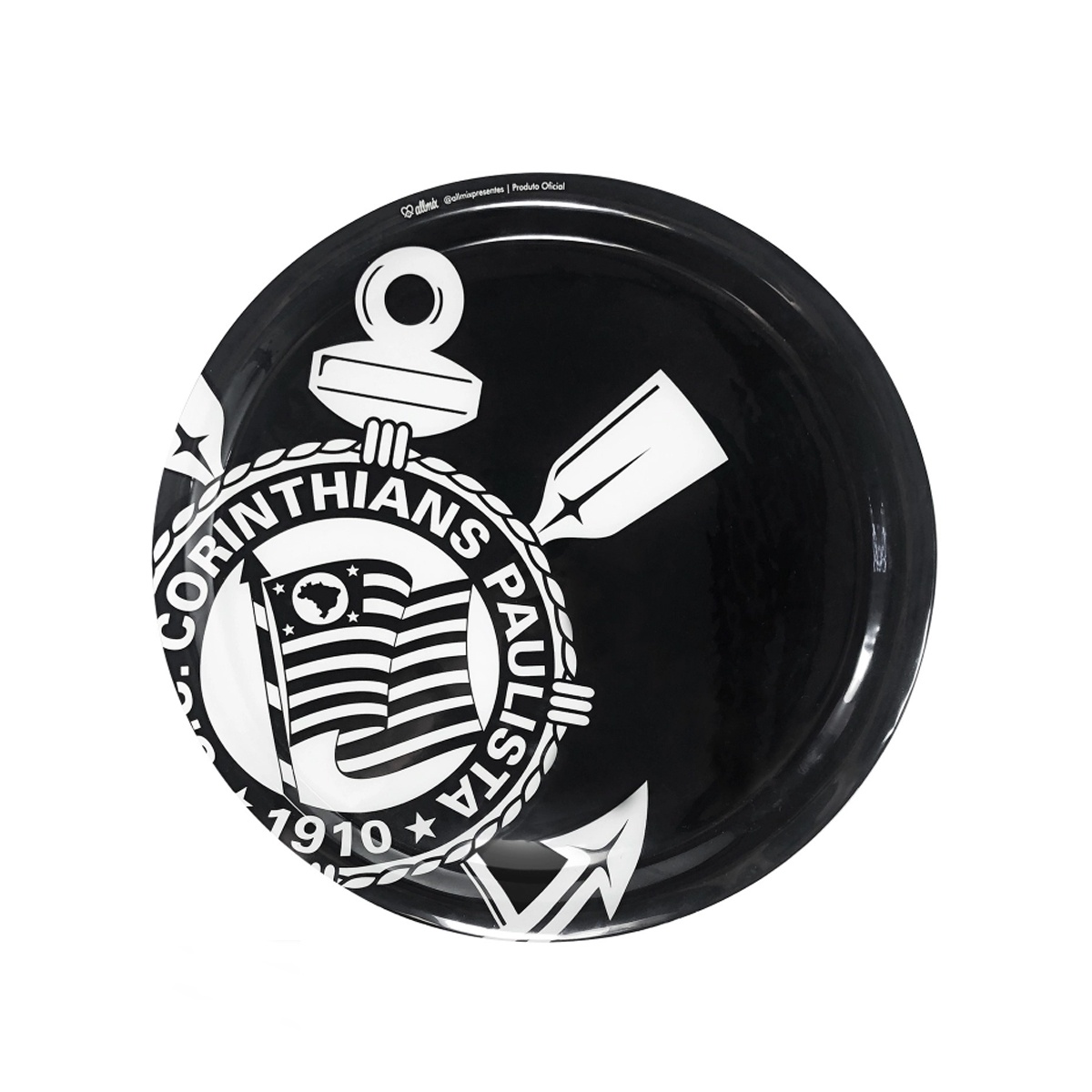 Prato Para Servir Pizza Allmix Redondo Vidro Licenciado 38cm Corinthians Preto