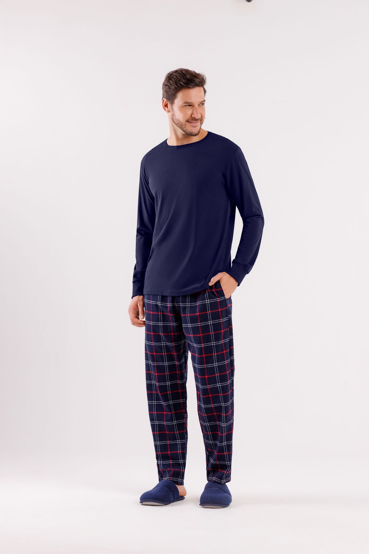 PIJAMA MASCULINO LONGO AZUL COM CALÇA XADREZ - COR COM AMOR