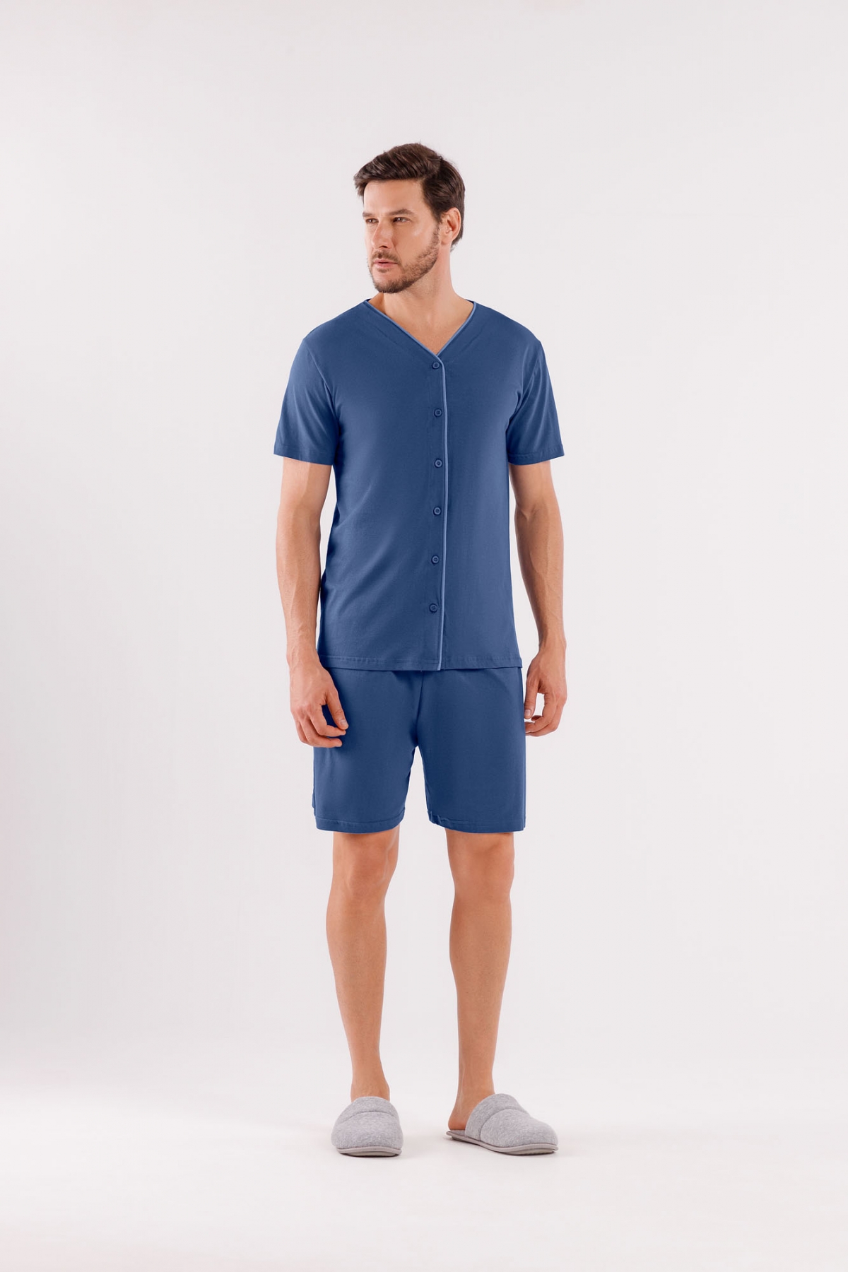 PIJAMA MASCULINO CURTO ABERTO COM BOTÕES E BERMUDA AZUL - COR COM AMOR