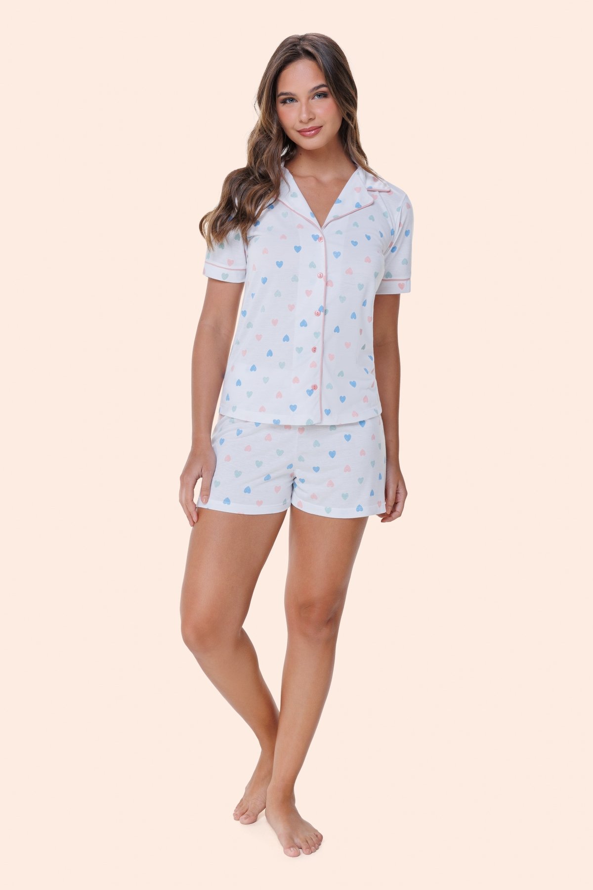 PIJAMA FEMININO CURTO COM BOTÕES CORAÇÃO PÉROLA PLUS SIZE - BOCEJINHO