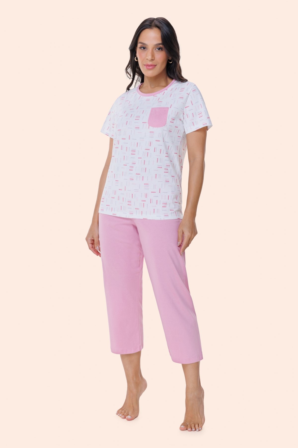 PIJAMA FEMININO MANGA CURTA E CALÇA CAPRI ROSA HARMONIA ALGODÃO - BOCEJINHO