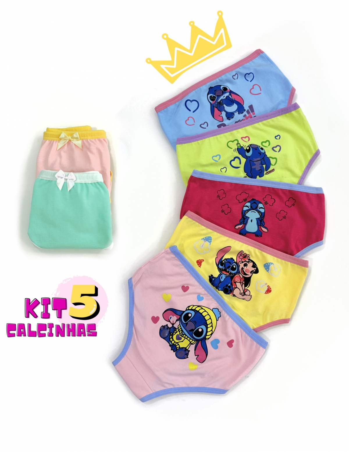 Kit com 5 - Calcinhas Lilo & Stitch 
