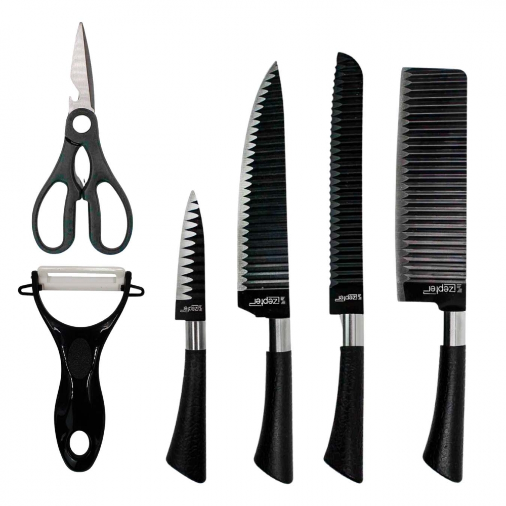Jogo Facas Cozinha 6 Peças Inox Preto | Chef Tesoura Cutelo