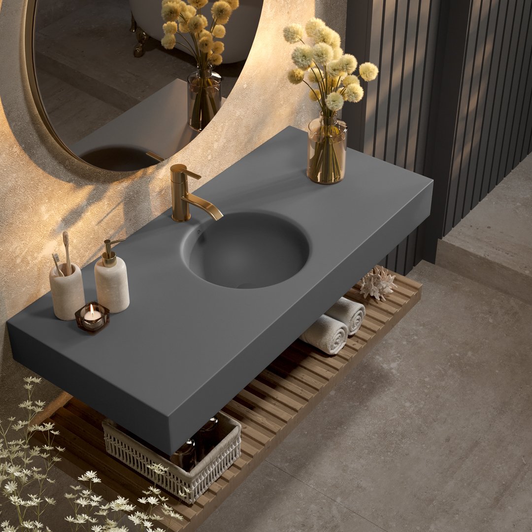 Bancada de Banheiro com Cuba Esculpida Redonda Cristal - Elegant Gray