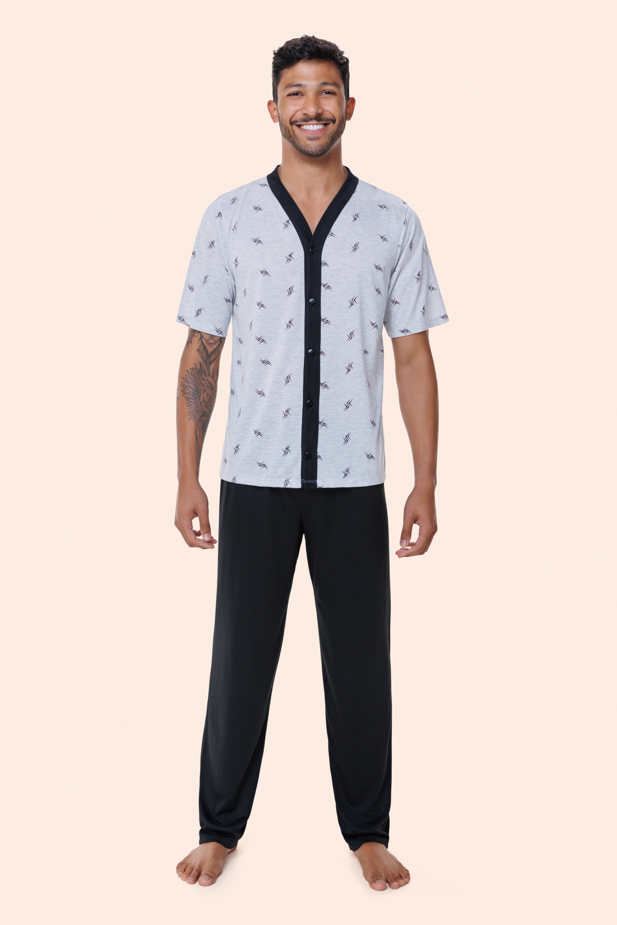 PIJAMA MASCULINO LONGO COM BOTÕES MESCLA PLUS SIZE - BOCEJINHO
