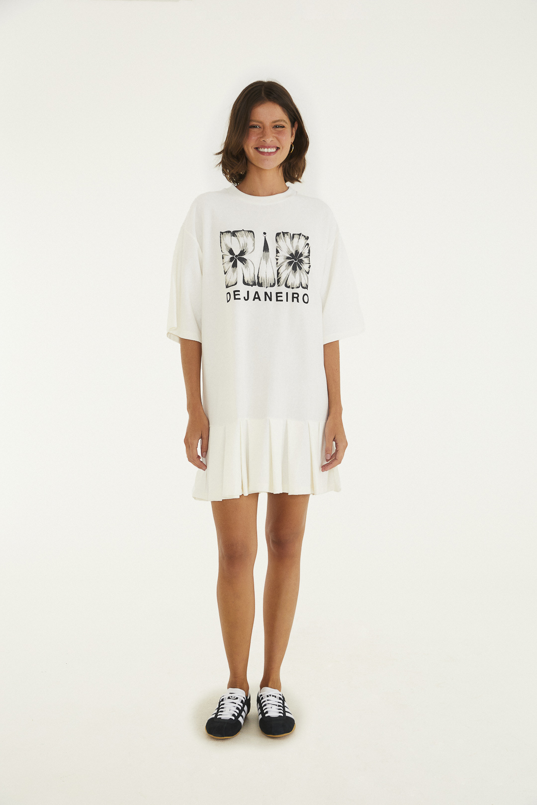 VESTIDO CURTO PREGAS RIO FLOR OFF WHITE