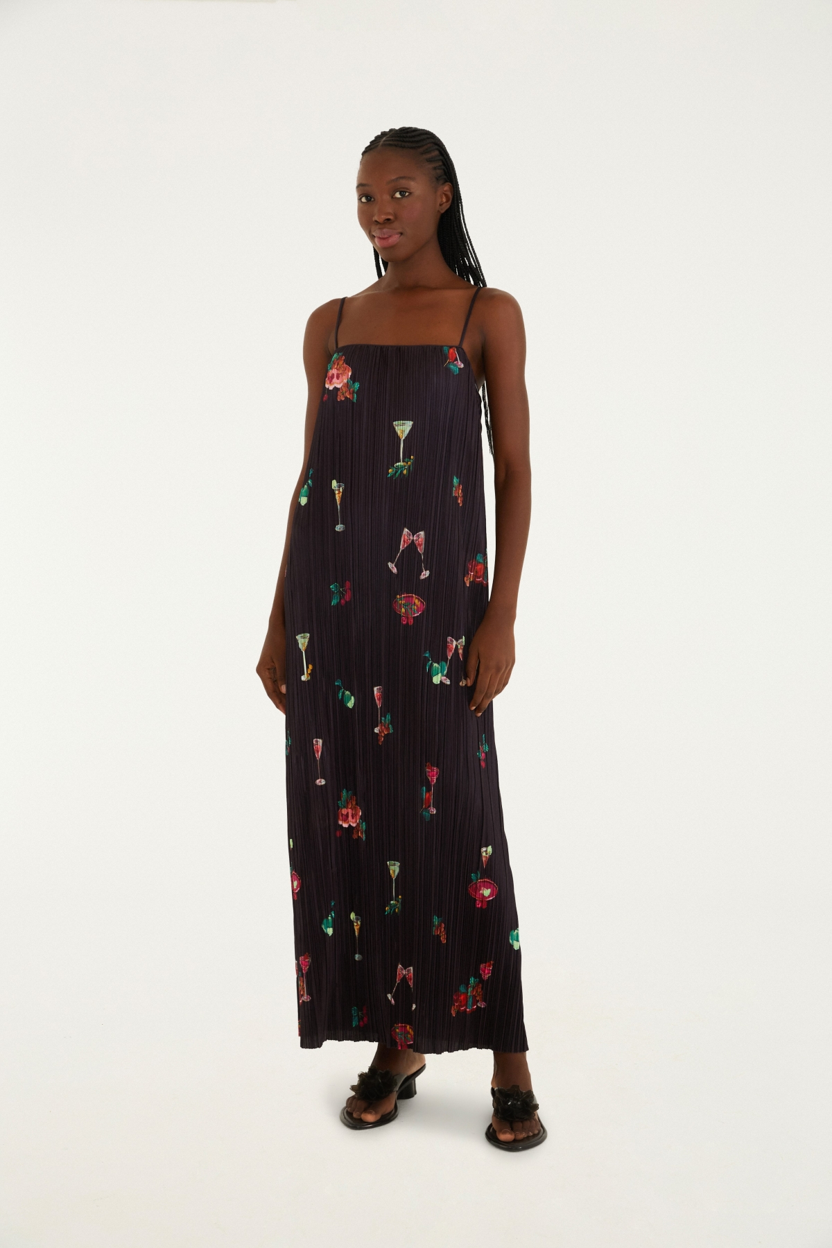 VESTIDO RETO PLISSADO COQUETEL TROPICAL
