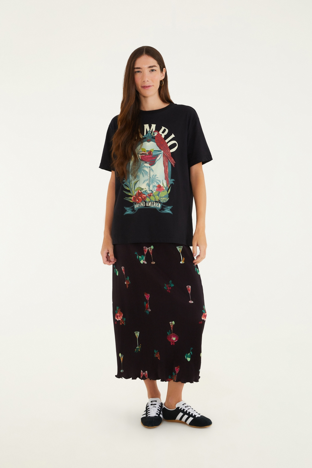 SAIA MIDI PLISSADA COQUETEL TROPICAL