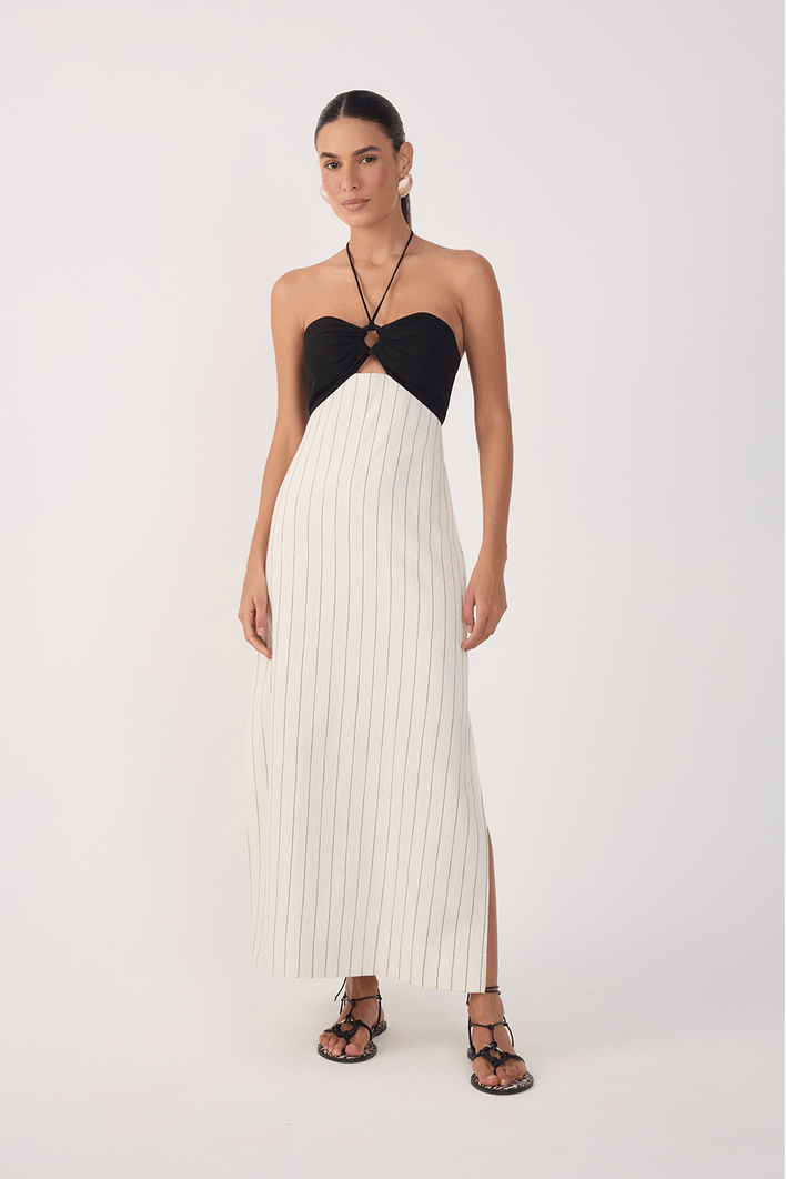 VESTIDO MIDI LISTRAS ARGOLA BUSTO PRETO/OFF WHITE