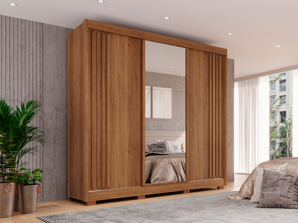 Guarda-roupa Casal com Espelho 3 Portas 4 Gavetas Atenas com Pés 100% MDF Salleto