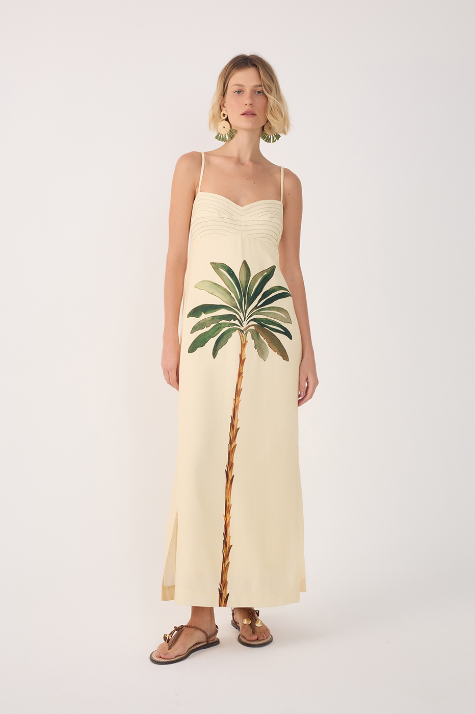 VESTIDO MIDI LINHO ESTAMPA TROPICANA
