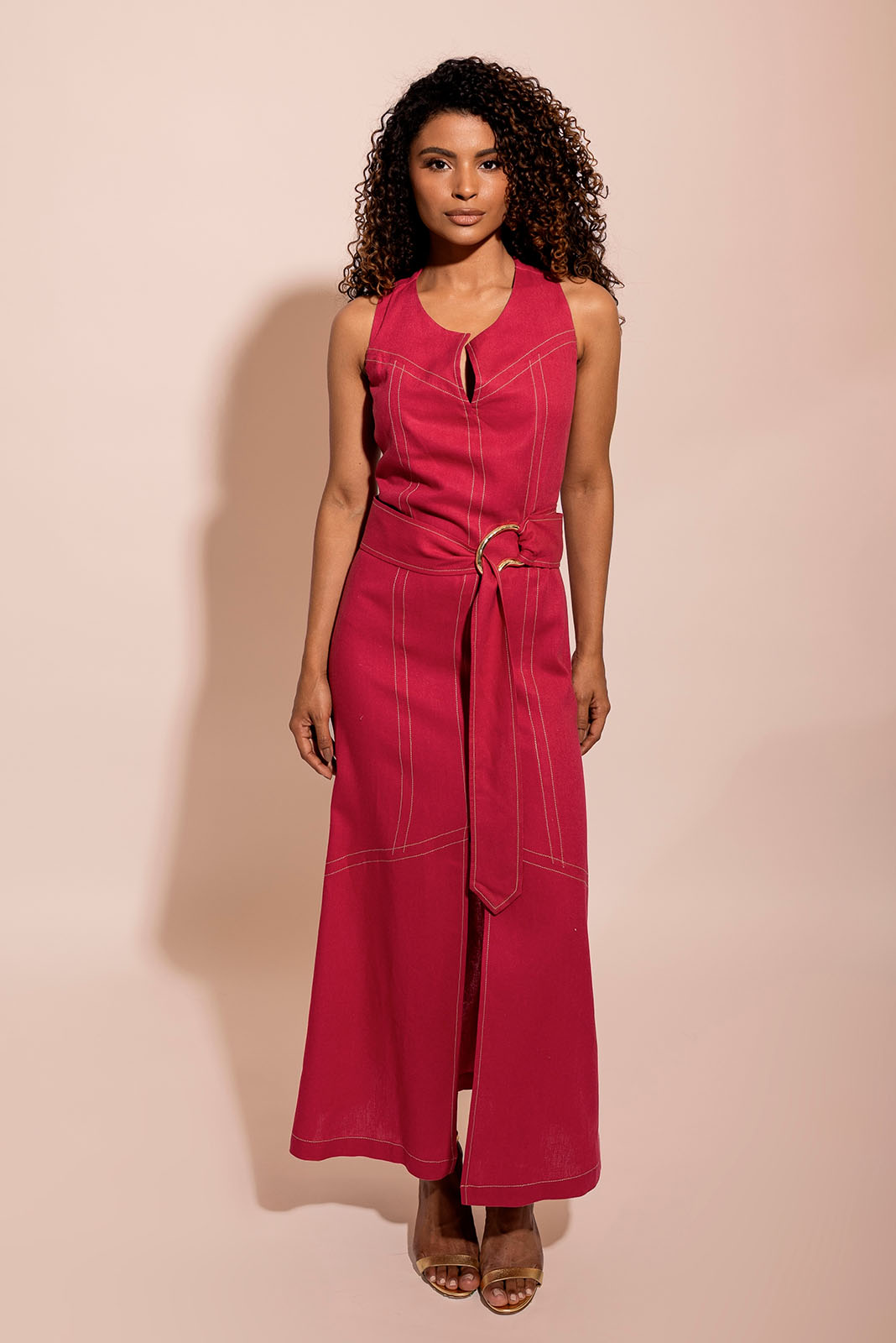 Vestido Midi Fenda Frontal Rosa 