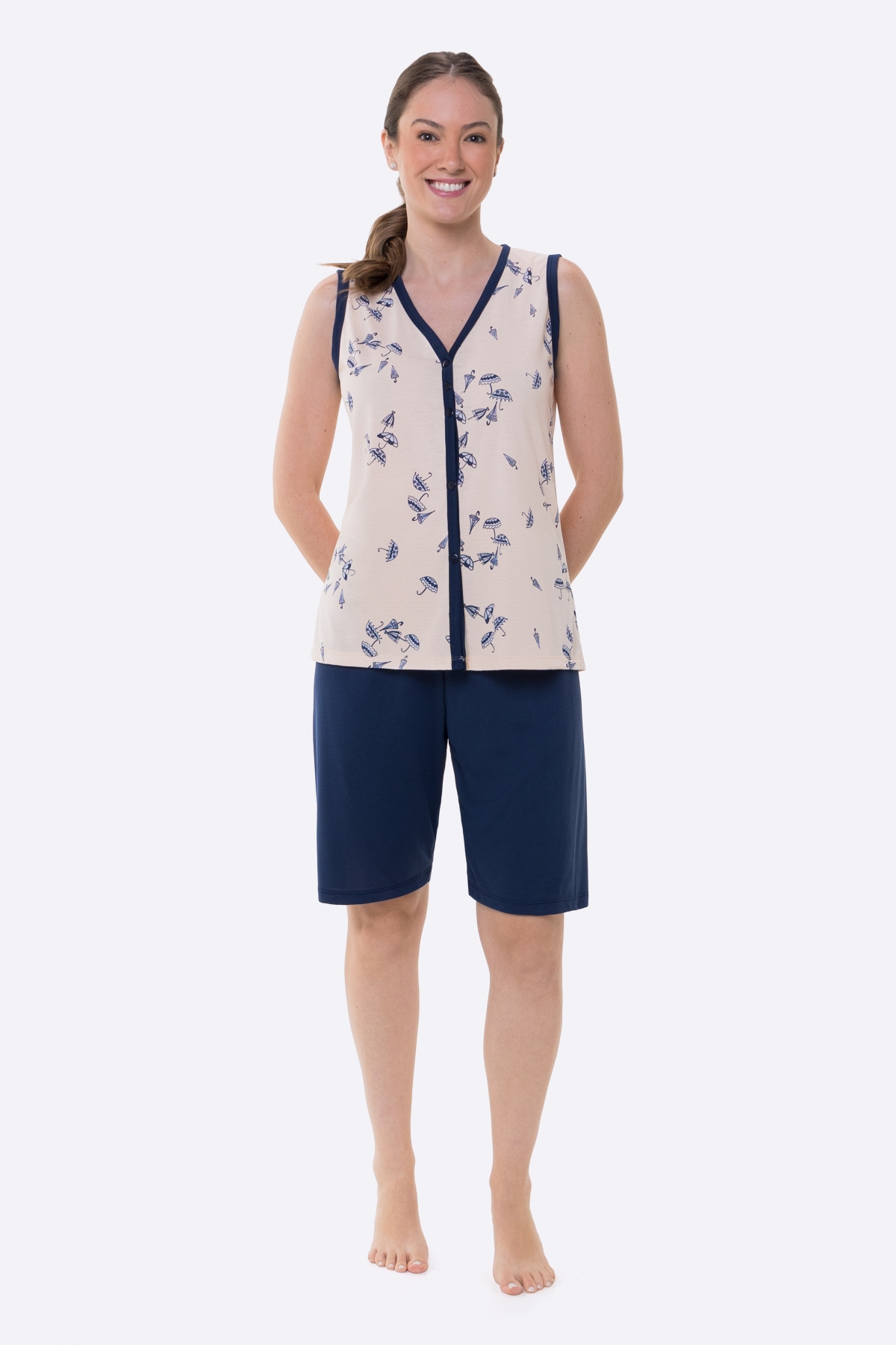 PIJAMA FEMININO REGATA COM BOTÕES E BERMUDA SALMÃO - BOCEJINHO