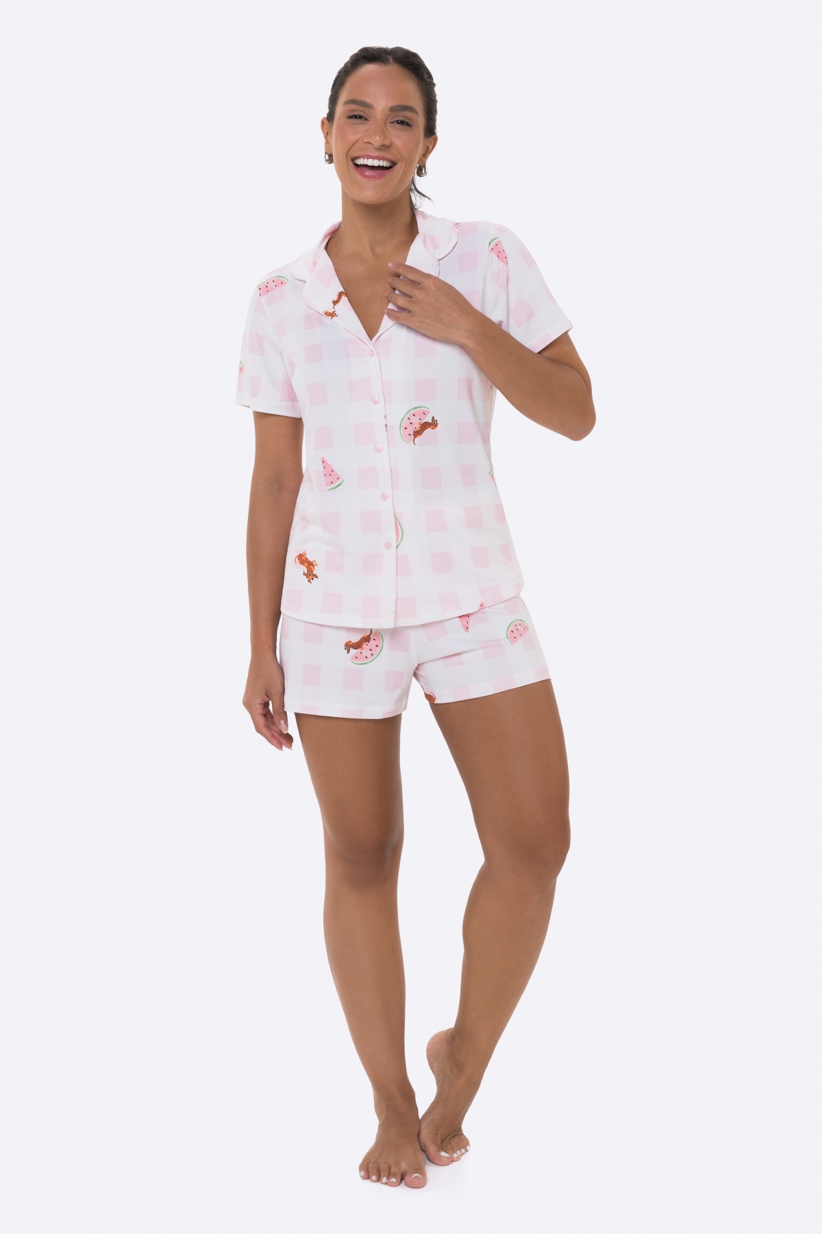 PIJAMA FEMININO CURTO COM BOTÕES E SHORT XADREZ ROSA CLARO - BOCEJINHO