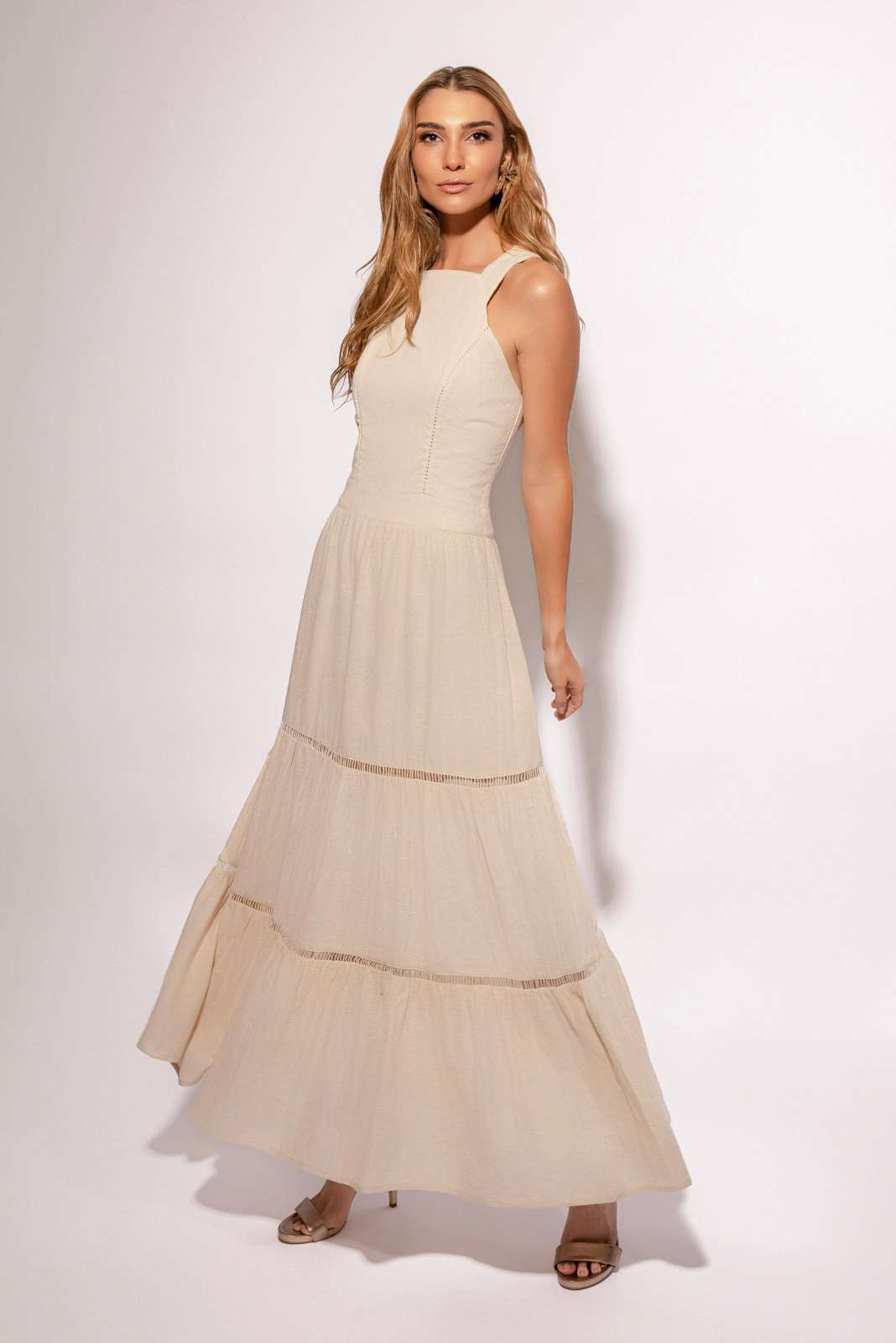 Vestido Longo Bordado Bege