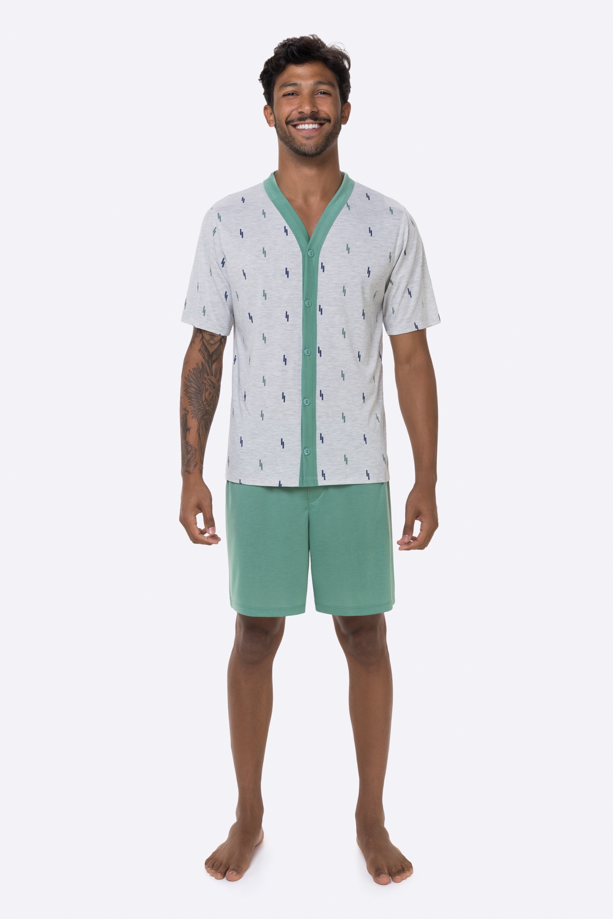 PIJAMA MASCULINO CURTO COM BOTÕES MESCLA VERDE- BOCEJINHO