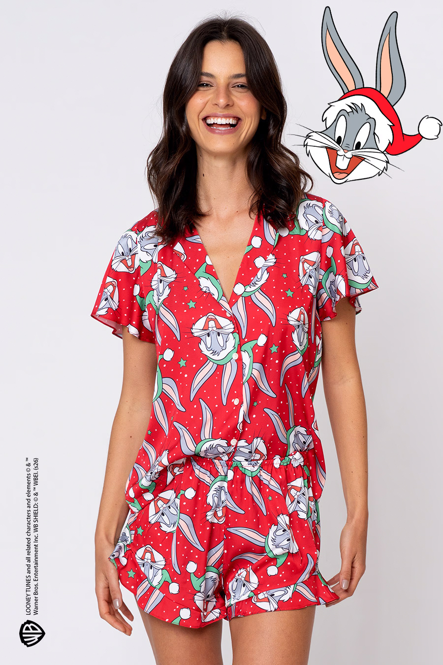 PIJAMA FEMININO COM BOTÕES VERMELHO NATAL PERNALONGA FAMÍLIA - ACUO