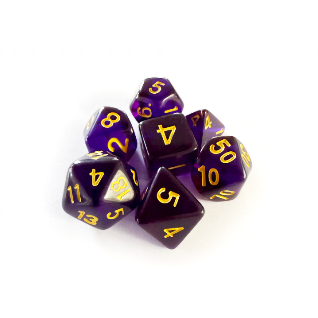 DADOS CENTRAL RPG TRANSLUCIDO ROXO E DOURADO