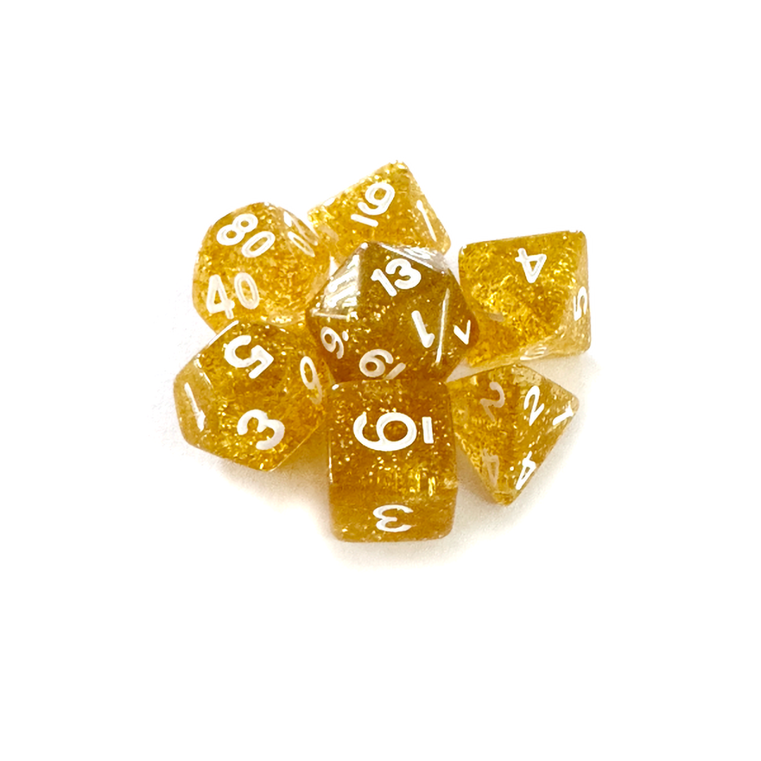 DADOS CENTRAL RPG GLITTER AMARELO E BRANCO