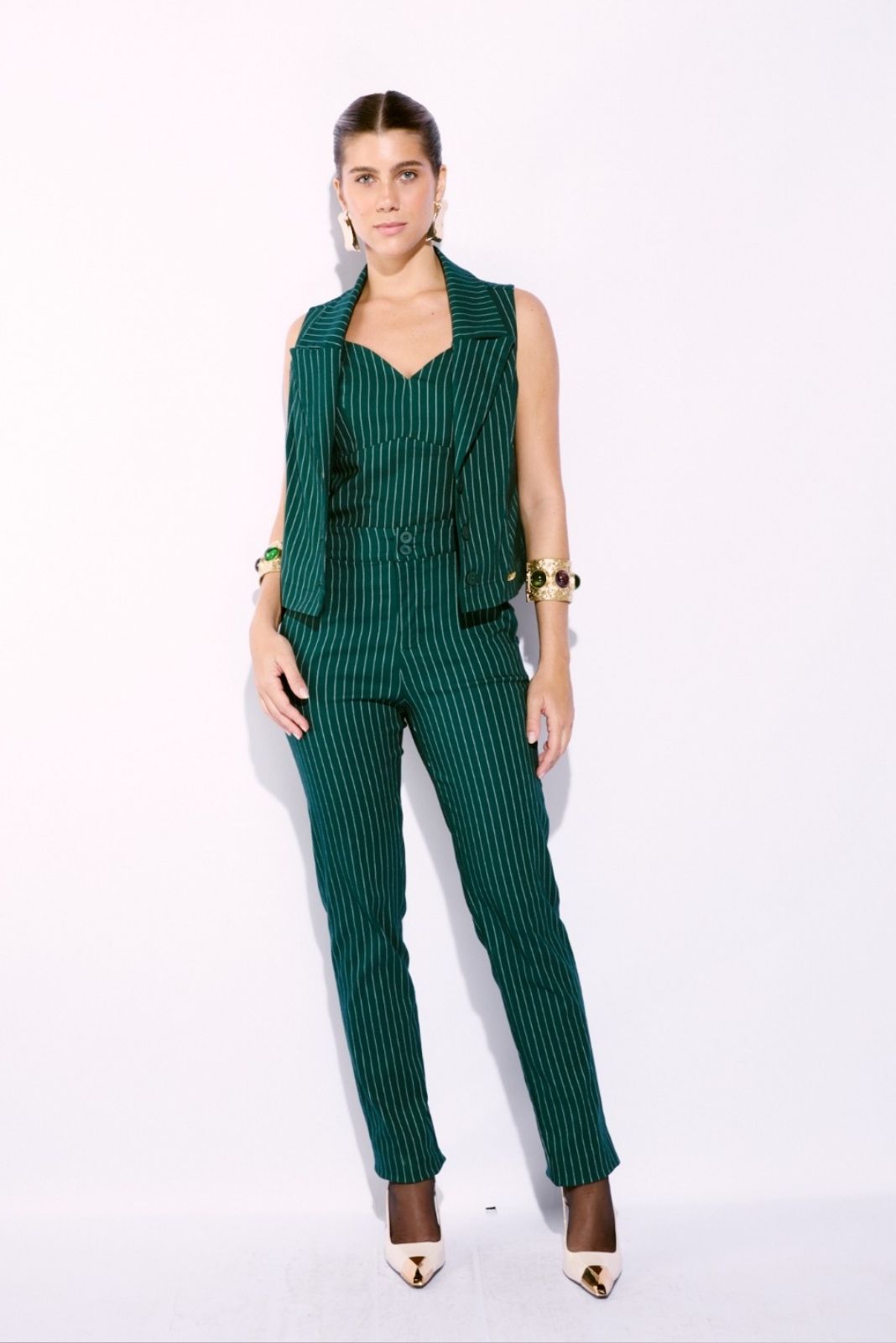 Conjunto Listrado de Calça e Colete Verde