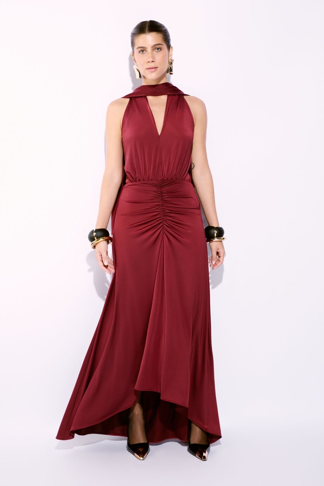 Vestido Longo com Franzido Frontal Bordô
