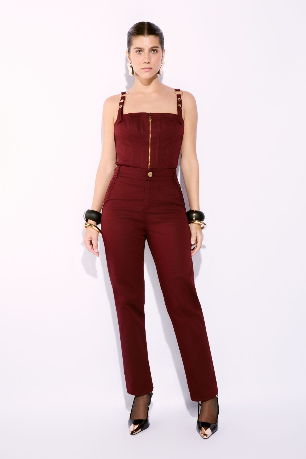 Conjunto de Cal&ccedil;a C&oacute;s Alto e Cropped Vinho