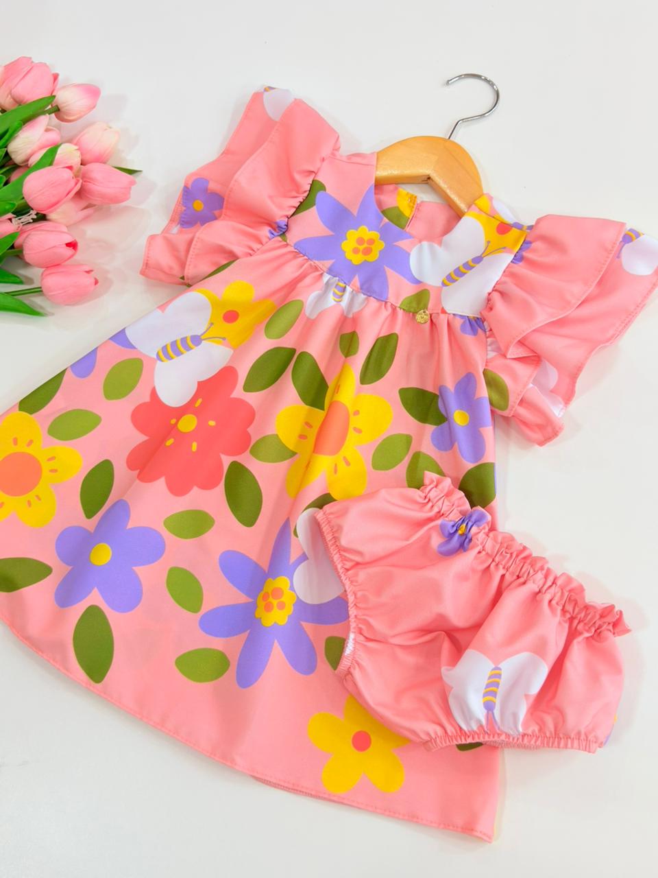 Vestido Baby com Calcinha - Rosa Flores