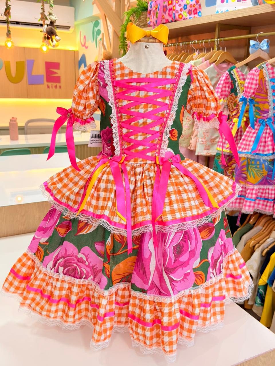 Vestido Junino Xadrez Maria Flor Verde c/ Laranja (NA)