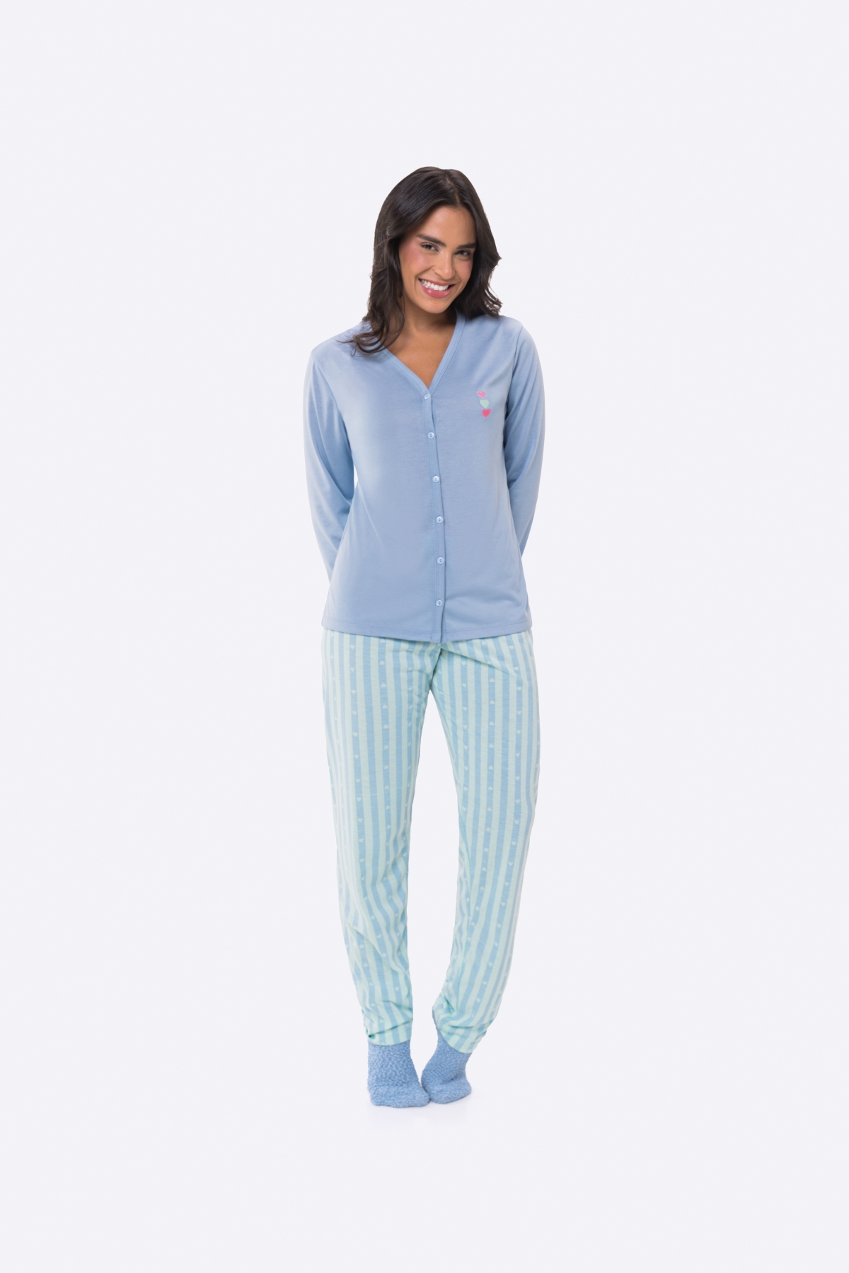 PIJAMA FEMININO LONGO COM BOTÕES AZUL LISTRADO - BOCEJINHO