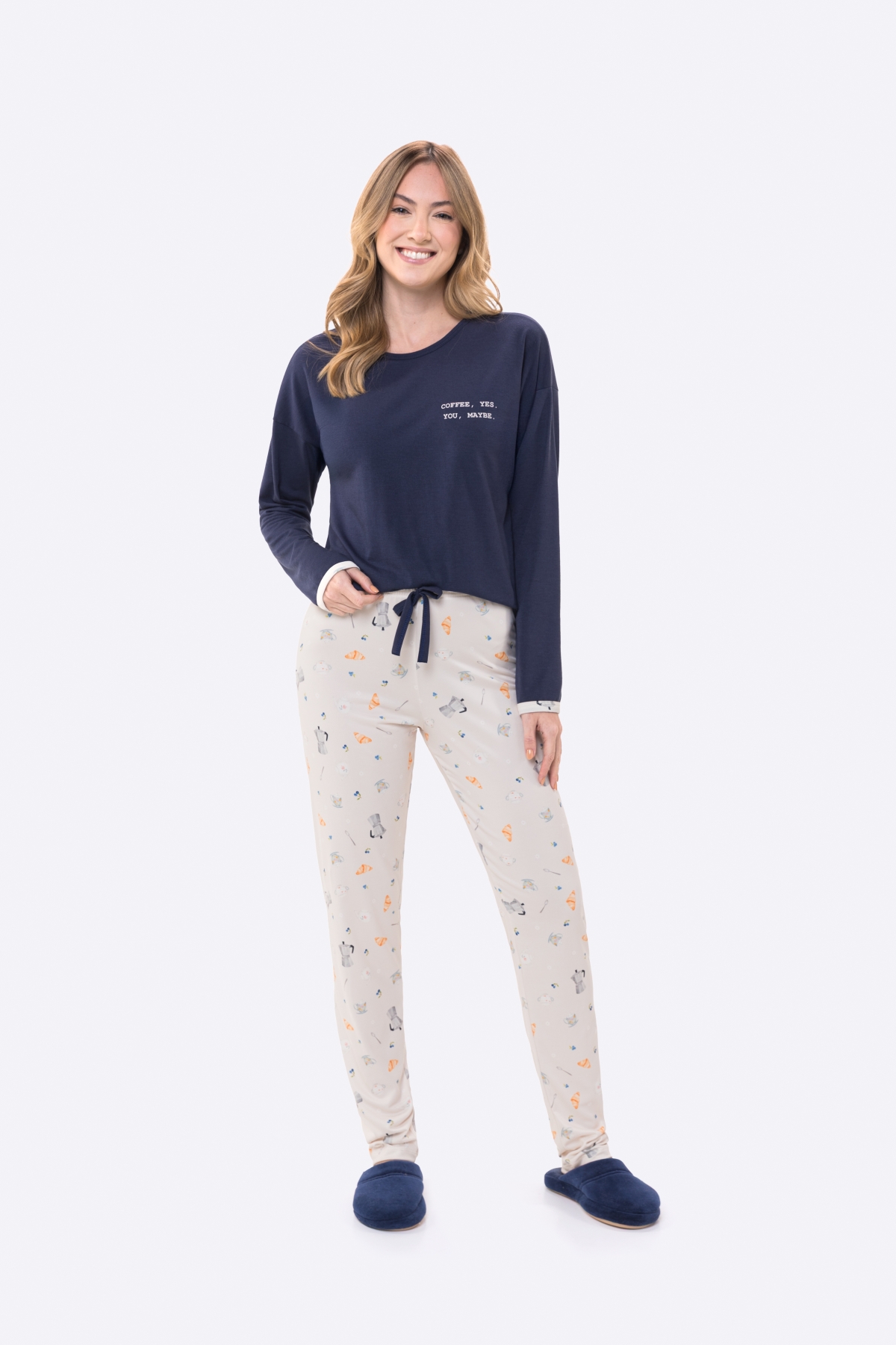 PIJAMA FEMININO MANGA LONGA E CAL&Ccedil;A AZUL MARINHO BREAKFAST - BOCEJINHO