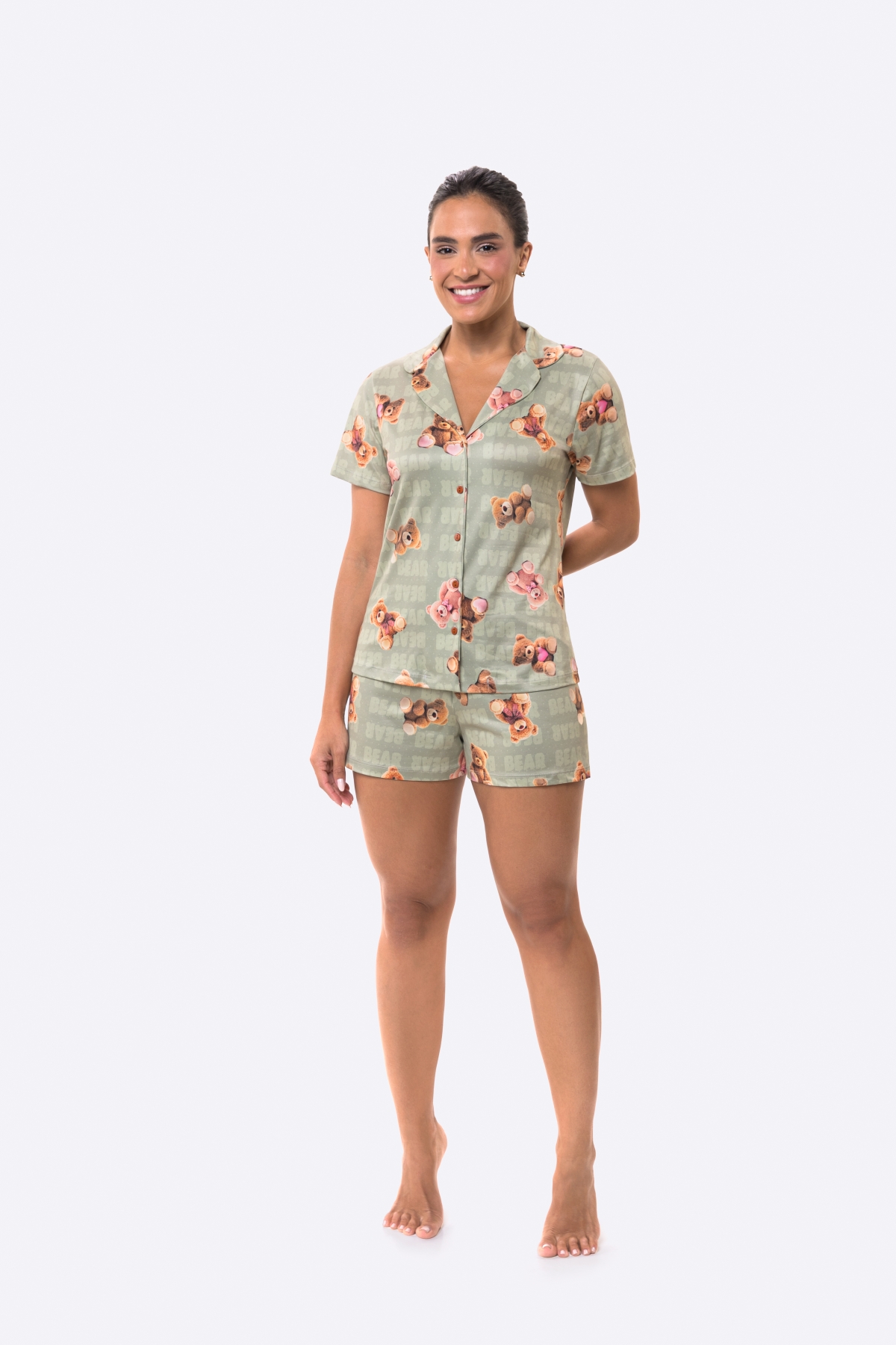PIJAMA FEMININO MANGA CURTA COM BOT&Otilde;ES E SHORT VERDE URSOS - BOCEJINHO