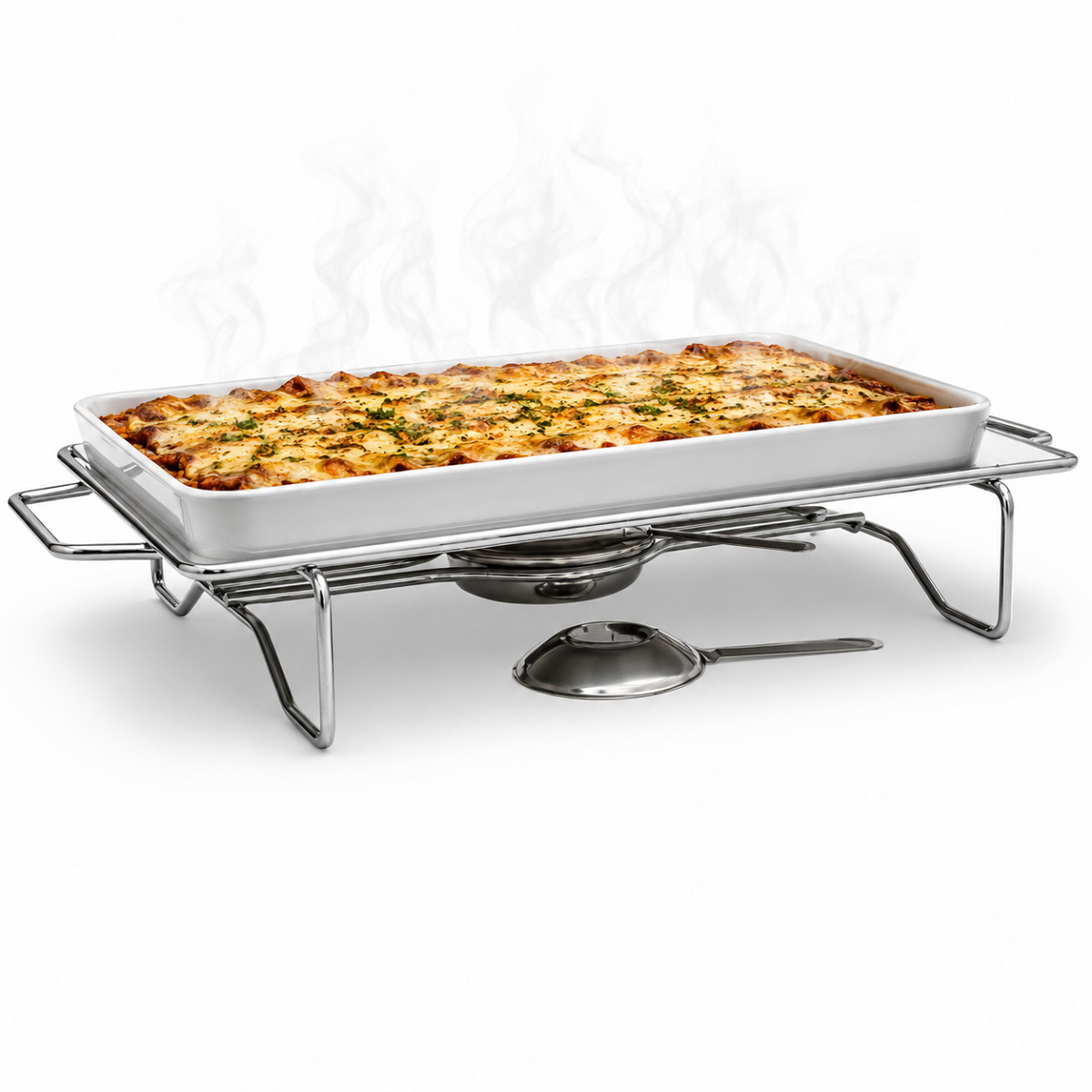  Rechaud Retangular grande base cromada, chapa alum&iacute;nio 380 x 240mm queimador a&ccedil;o inox Ravinox 512