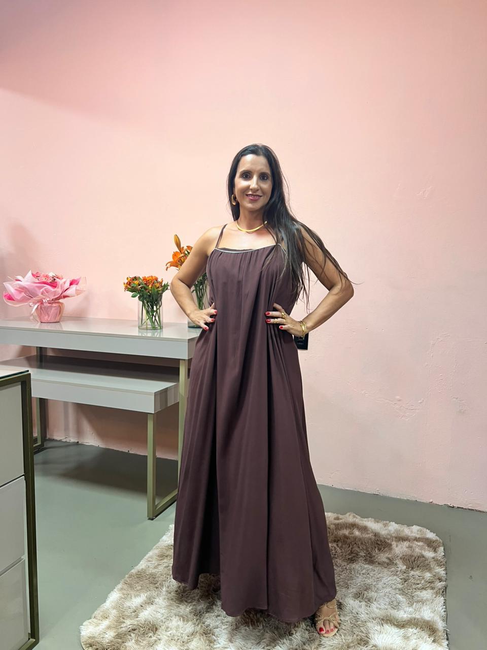 1947 - VESTIDO MIDI - GG - VISCOLINHO MARROM