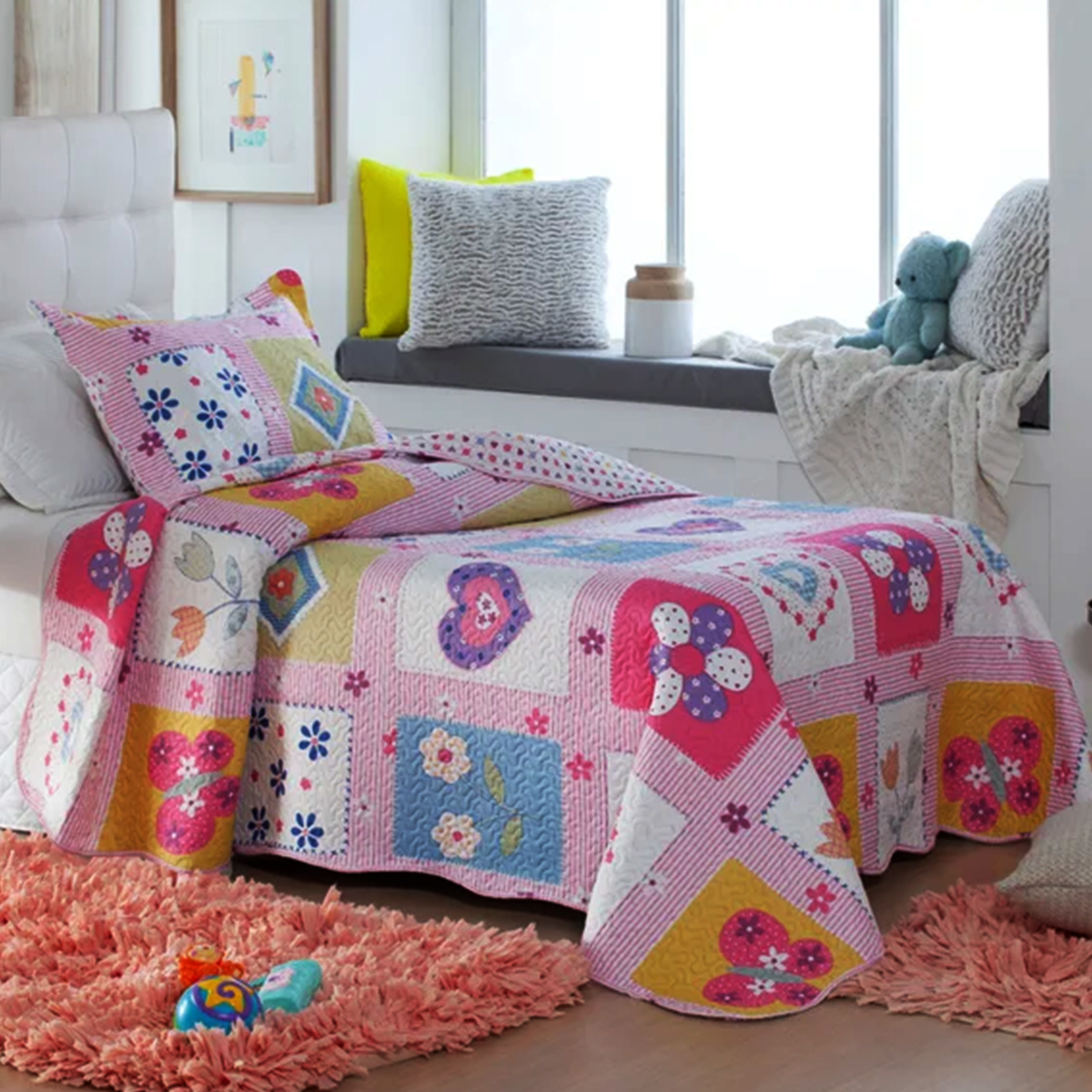 Kit Cobre Leito Bouti KazzaVip Solteiro Teen Microfibra 100% Poliéster Estampado Patchwork Stickers 2 peças Rosa