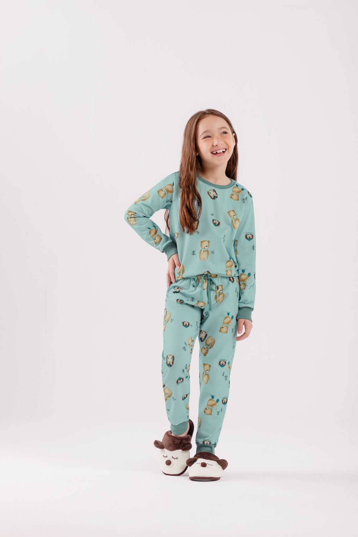 PIJAMA FEMININO INFANTIL LONGO VERDE BICHOS - COR COM AMOR